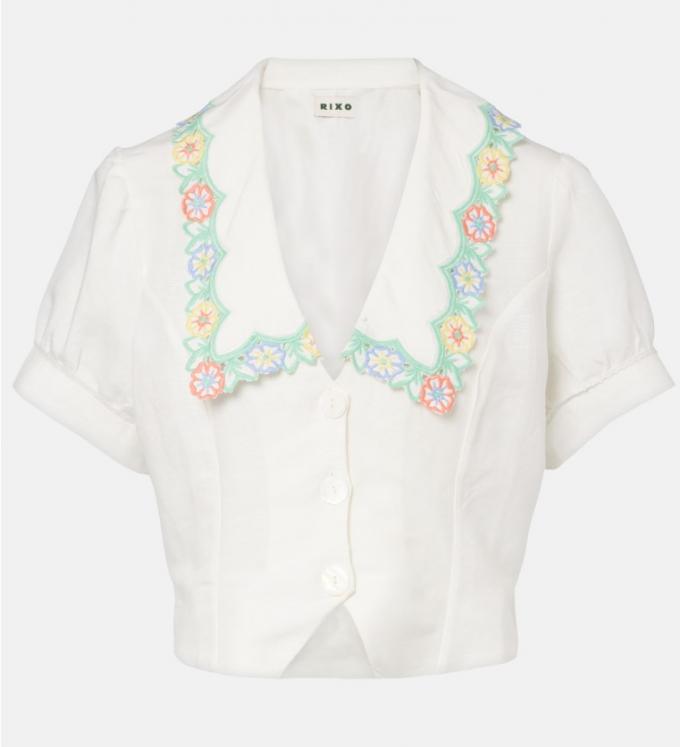 Witte linnen blouse met pastelkleurige kant