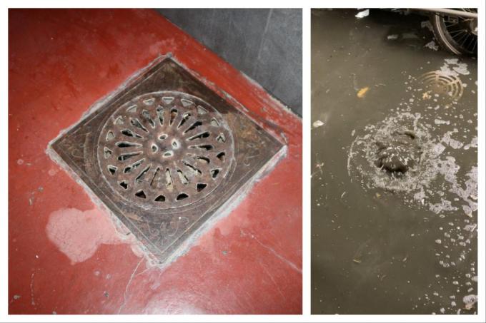 Het water stroomt uit de putjes naar boven.