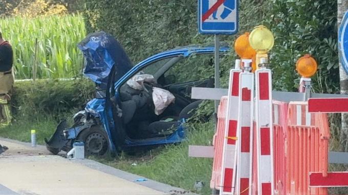 De kleine wagen belandde naast de weg.