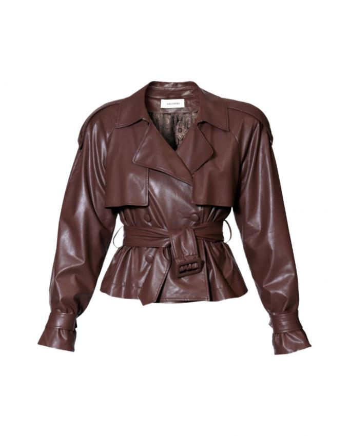 Leren trenchjas met dubbele rij knopen