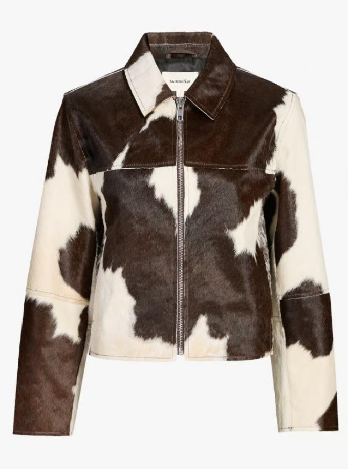 Cropped faux-leren jasje met cow print
