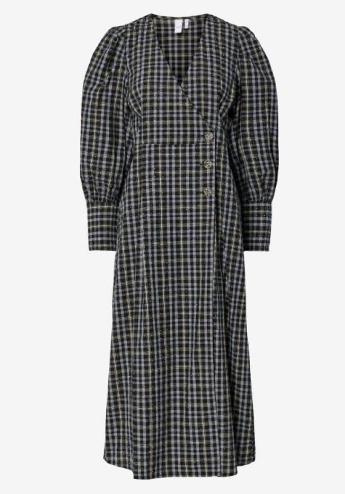 Geruite wrapdress met pofmouwen