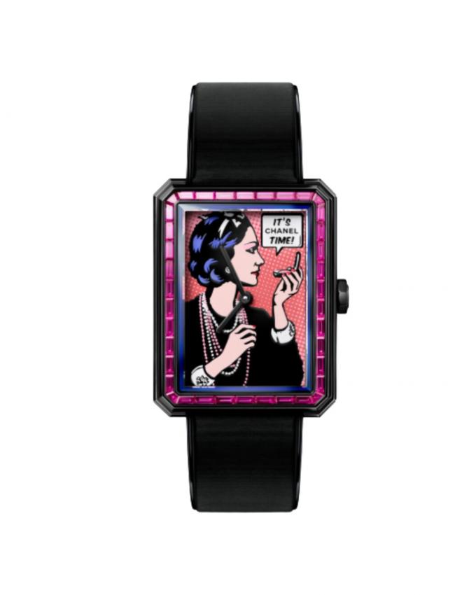 Boy Friend ‘Coco Art’ in staal met zwarte coating, grand-feu-email en 38 baguette geslepen roze saffieren