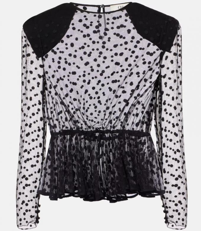 Zwarte peplum blouse in tulle met polkadots