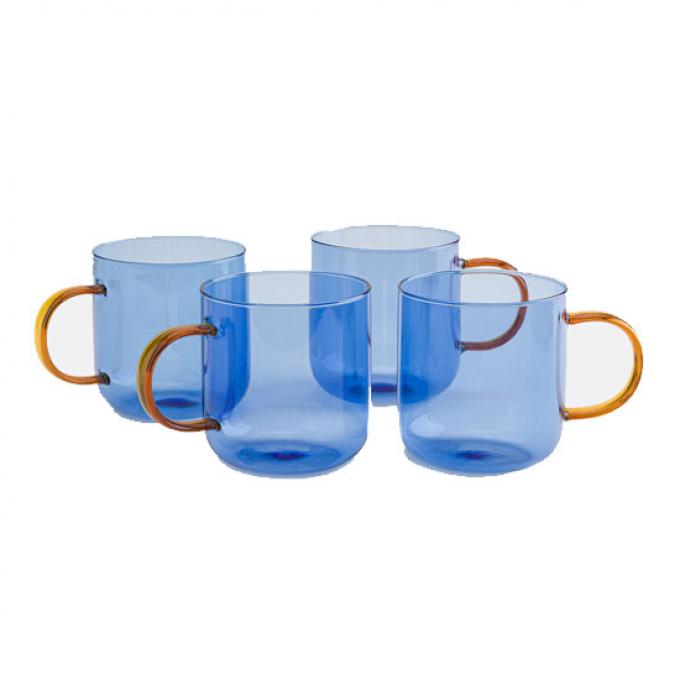 Felblauwe glazen mokken met bruin handvat