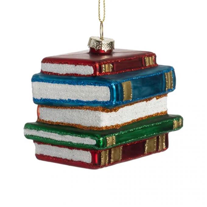 Kerstornament met stapel boeken