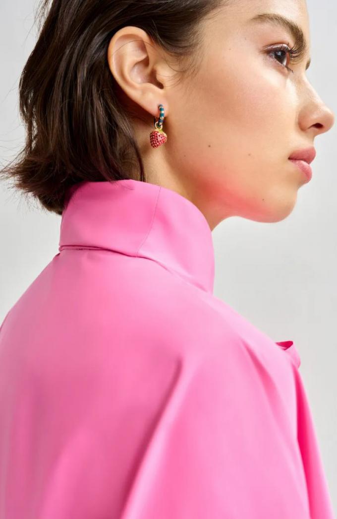 Goudkleurige en blauwe hoepeloorbellen met dino en aardbei