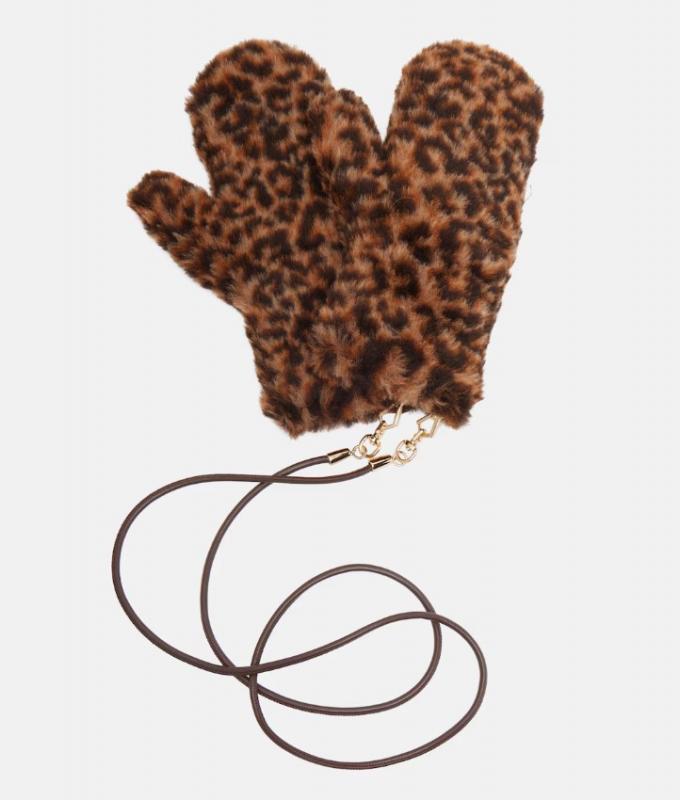 Faux-fur wanten in luipaardprint met koord