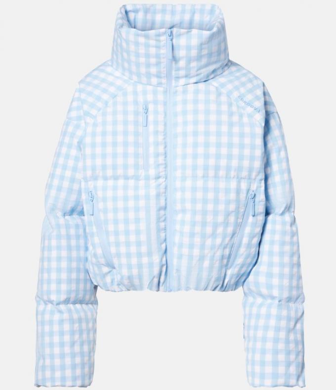 Gewatteerde gingham ski-jas in lichtblauw 