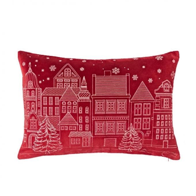 Velvet kussen met geborduurd kerstdorp
