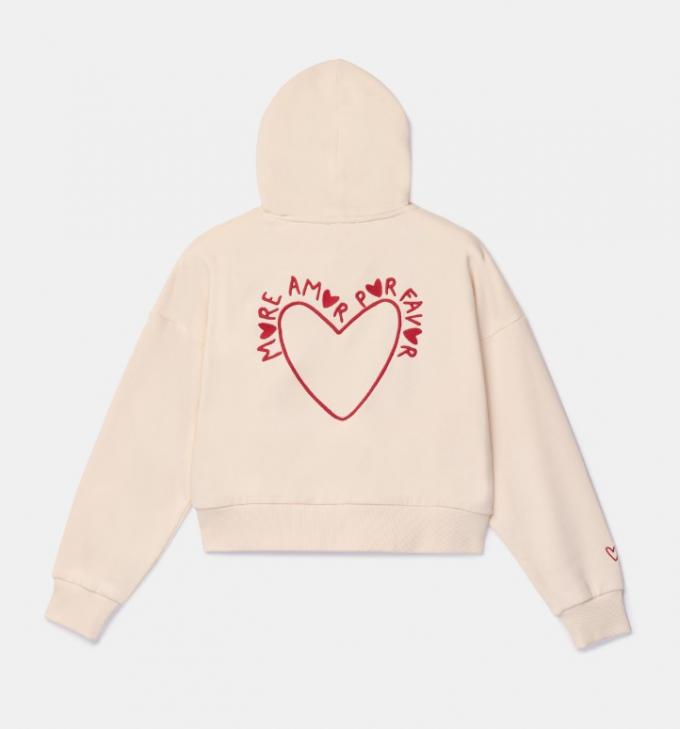 Écru hoodie met 'More amor por favor'-logo