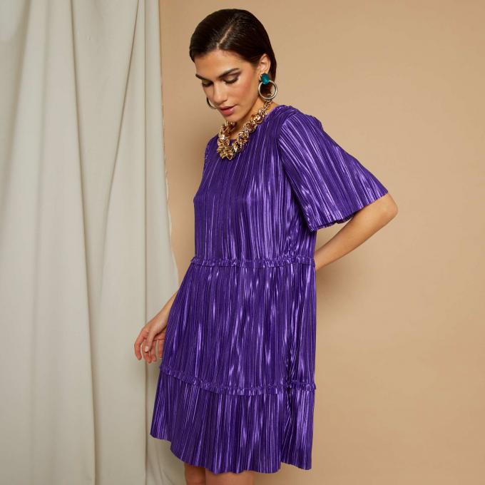 Robe plissée courte satinée - Violet