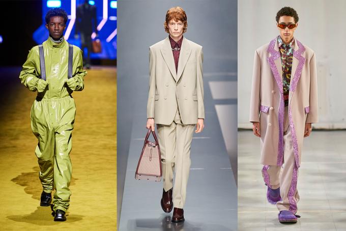 Les tendances Homme de l'automne-hiver 22-23. De gauche à droite: Prada, Fendi et Bluemarble.