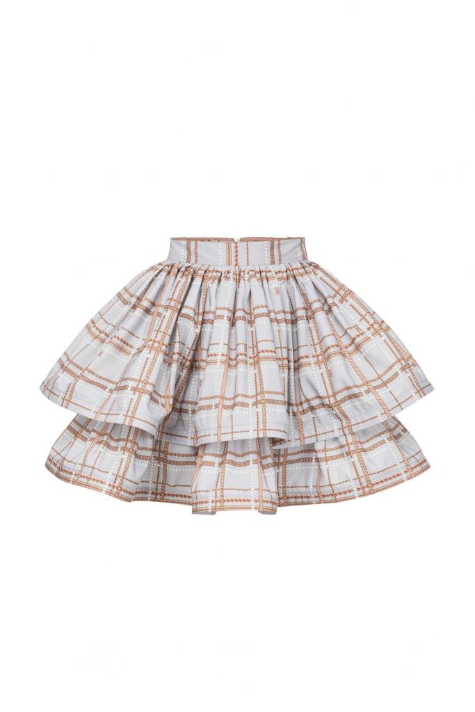Korte strokenrok (385 euro), van Elisabetta Franchi.