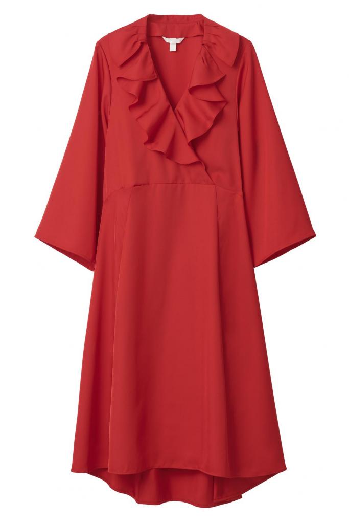 VolantsUitwaaierende felrode jurk met volants (39,95 euro), van H&M.