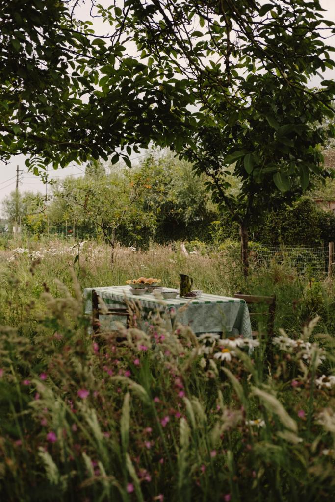 De lunchtafel is omringd door o.a. margriet en dagkoekoeksbloem.