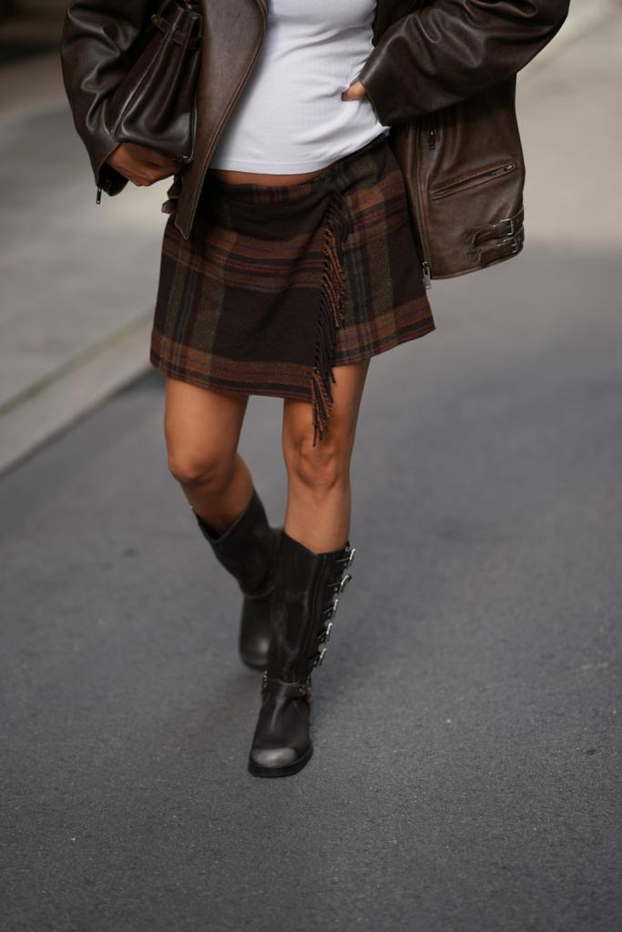 wikkelrok met tartan in bruin en beige