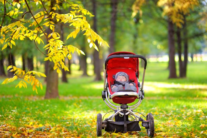 Baby sleeping in stroller at the park