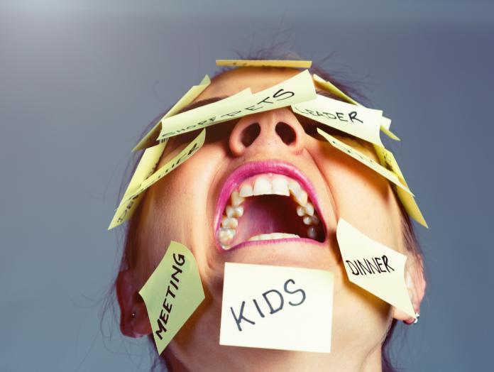 Covered in reminders of things to do, woman freaks out!