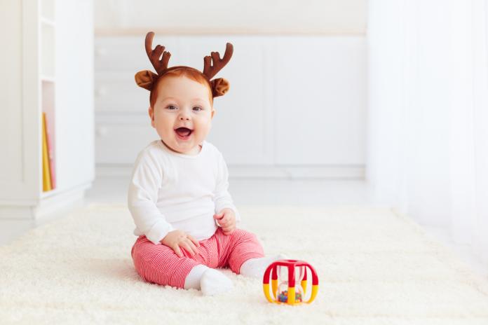 beautiful happy baby deer playing with toy at home