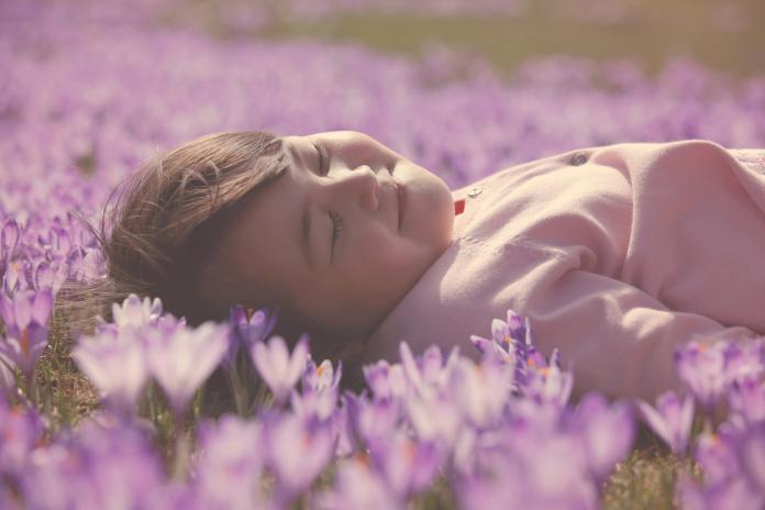 Little girl enjoying beautiful nature krokusvakantie