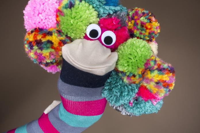 Striped Sock Puppet with Pom-pom hair and Goodly Eyes sokpoppen