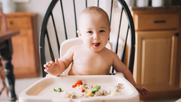 12 Month Old Eats Dinner in High Chair