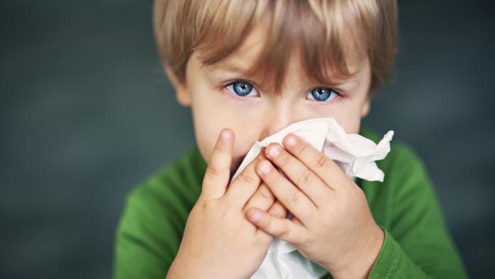 Portrait of a sick boy cleaning his nose