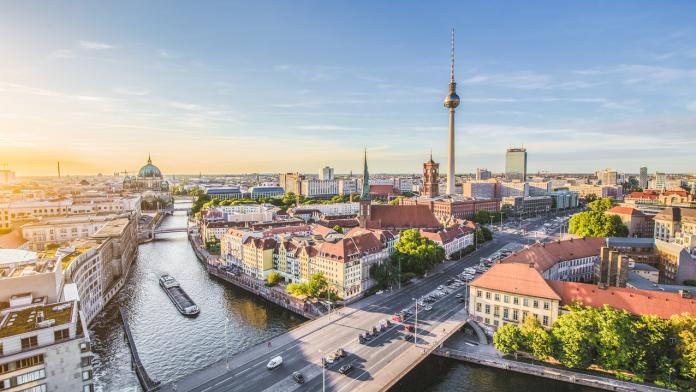 Berlin skyline with Spree river at sunset, Germany