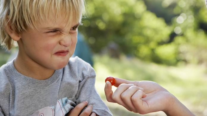 Boy Refusing to Eat Cherry Tomato niet lusten
