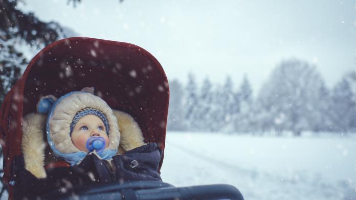 Little boy in stroller in winter park baby winter wandelen