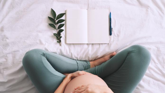 Pregnant woman with beautiful belly makes notes or check list in paper diary.