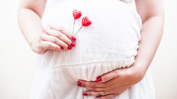 Pregnant Woman Holding Two Red Hearts in Her Hand zwanger van een tweeling