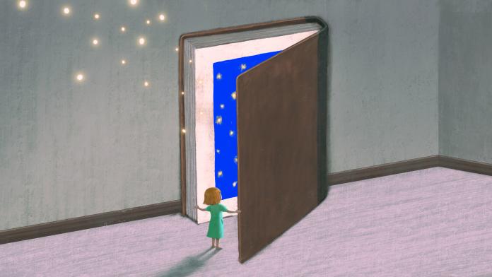 Book of imagination with a girl, Education dream hope inspiration and freedom concept filosoferen met kinderen praten levensvragen