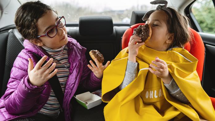 Cute carefree children enjoying doughnuts on the back seat of a car auto proper houden vochtige doekjes organizer