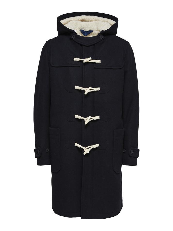 Herenduffelcoat van gerecycleerde wol, kap met teddy voering (179,99 euro), van Selected Homme. 