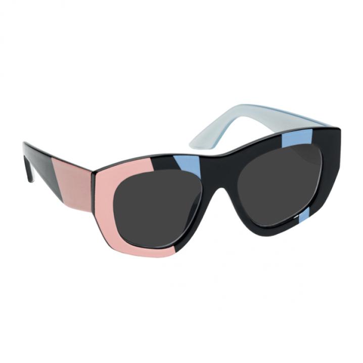 Zwarte zonnebril met babyblauwe en roze details