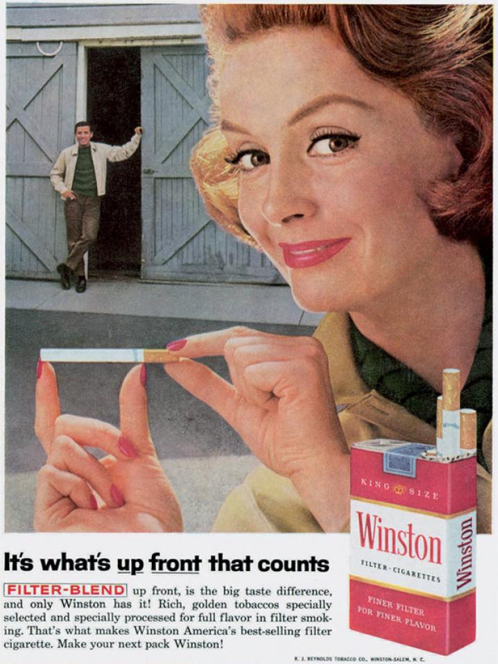 'Alleen hetgeen dat uitsteekt, telt', voor sigaretten van Winston. De zoveelste seksuele zinspeling in combinatie met een ondeugende vrouw. Zéér stijlvol!