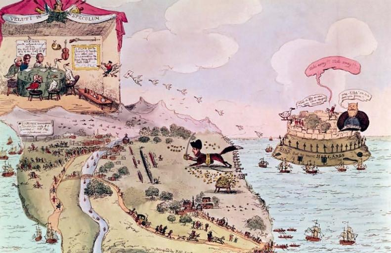 Karikatuur over het congres van Wenen (zie bovenaan links) en de aankomst van Napoleon met zijn kleine troepenmacht op het Franse vasteland (midden).
