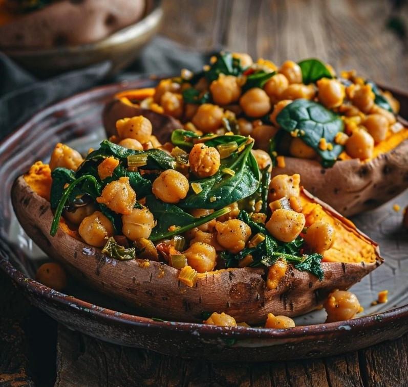 gepofte zoete aardappel met kikkererwten en spinazie