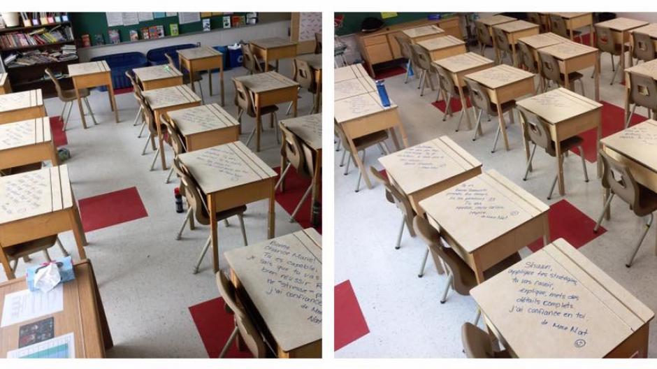 cette institutrice écrit des encouragements sur les bancs de ses élèves
