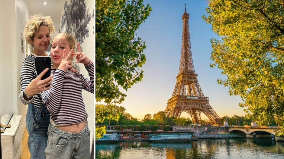 Links een foto van Libelle-redactrice Annelies Dyck met haar tienerdochter in Parijs. Rechts een foto van de Eiffeltoren in Parijs.