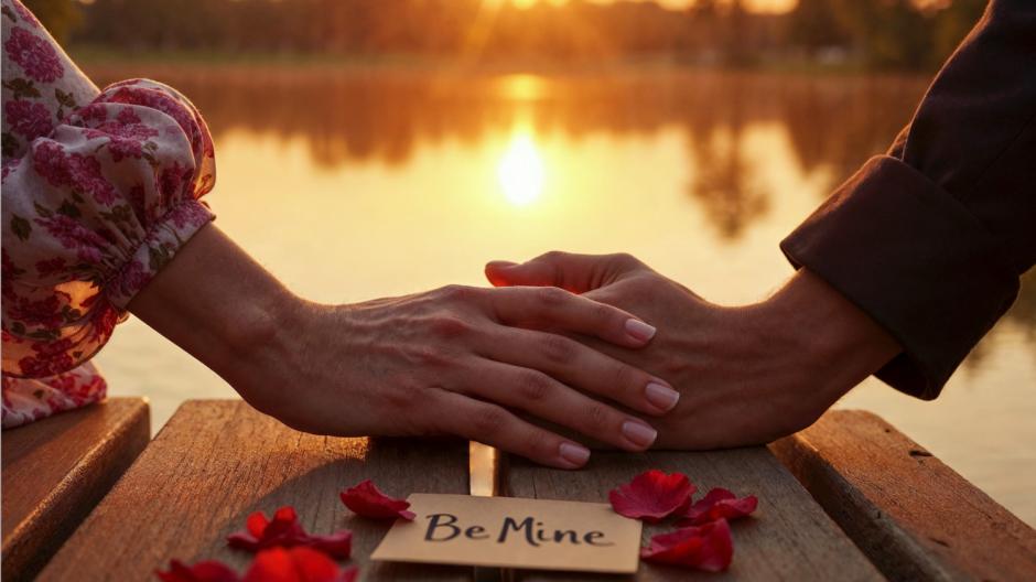 mains enlacées devant un coucher de soleil et carton 