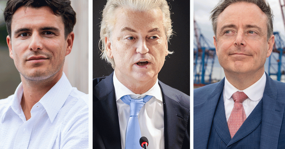 Conner Rousseau (Vooruit), Geert Wilders (PVV) en Bart De Wever (N-VA)