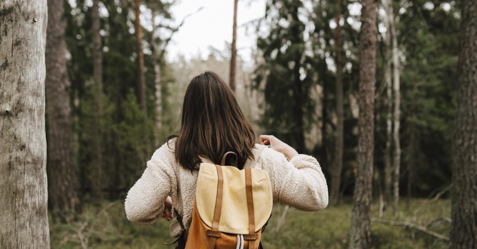 Rear view of woman exploring in forest during vacation