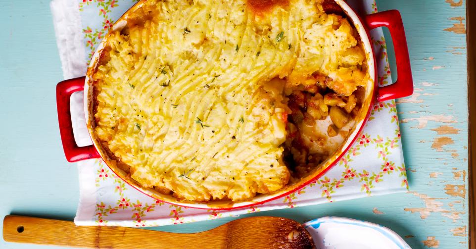 Parmentier with mushroom and potato . top view. selective focus