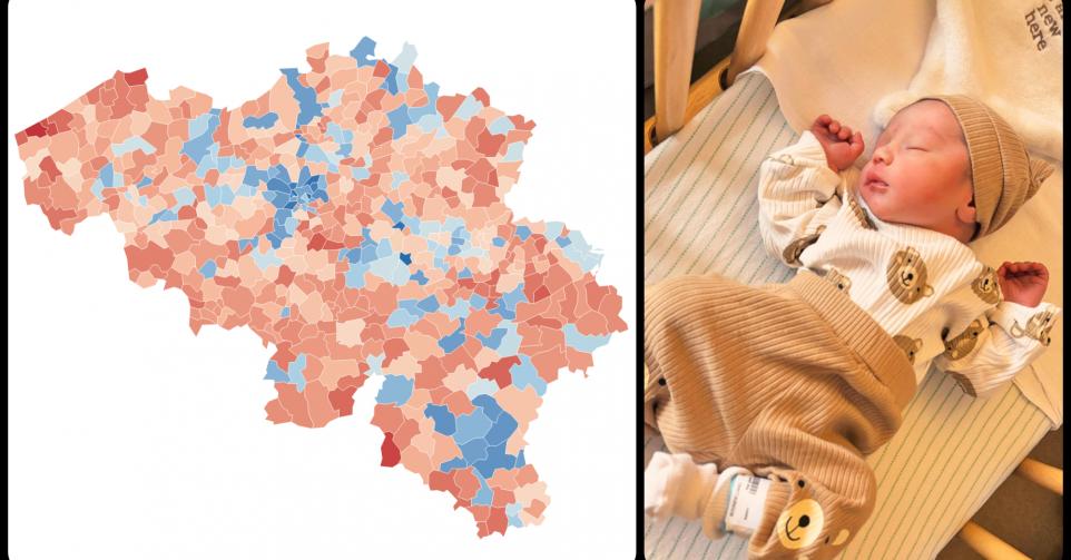 Carte baisse naissances en Belgique.