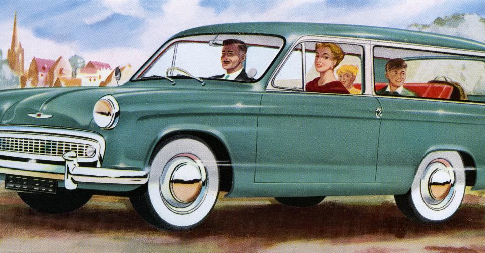 Vintage illustration of a family of four on a drive in the country in their station wagon, 1950s. Screen print. (Illustration by GraphicaArtis/Getty Images)