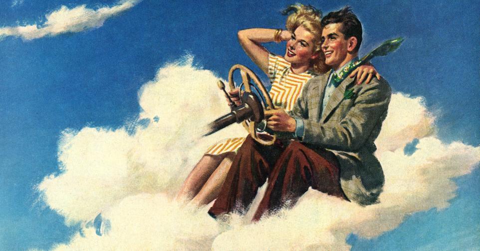 Illustration of a happy young couple driving a car made of clouds, 1950s. Screen print. (Illustration by GraphicaArtis/Getty Images)