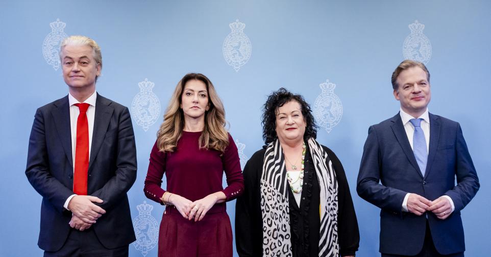 Geert Wilders (PVV), Dilan Yesilgoz (VVD), Caroline van der Plas (BBB) en Pieter Omtzigt (NSC)